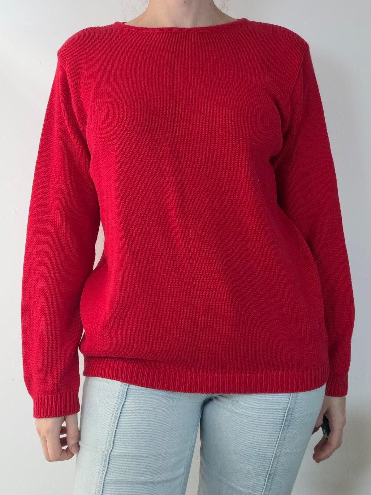 Red Knit Sweater with Crew Neck 100% Cotton Cosy Warm Knitted Jumper Size 14 16