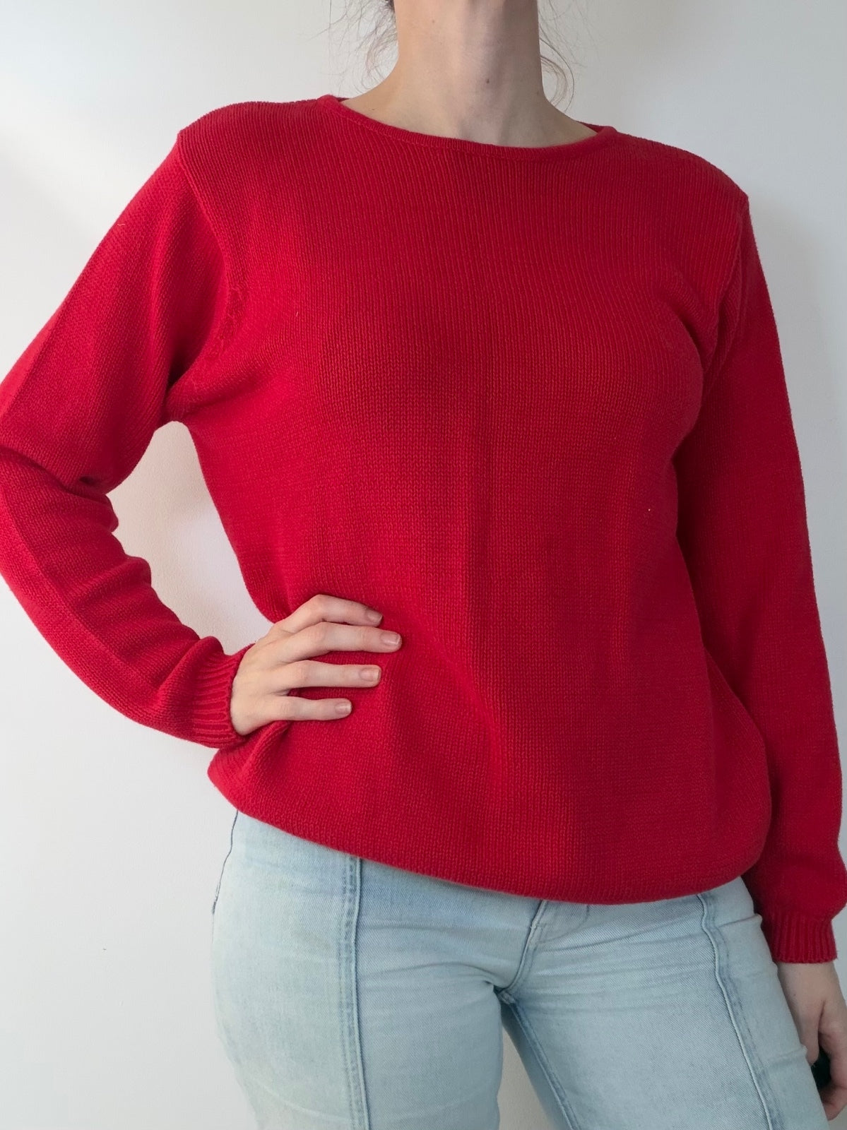 Red Knit Sweater with Crew Neck 100% Cotton Cosy Warm Knitted Jumper Size 14 16