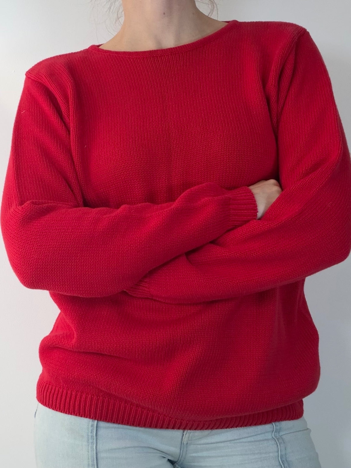 Red Knit Sweater with Crew Neck 100% Cotton Cosy Warm Knitted Jumper Size 14 16