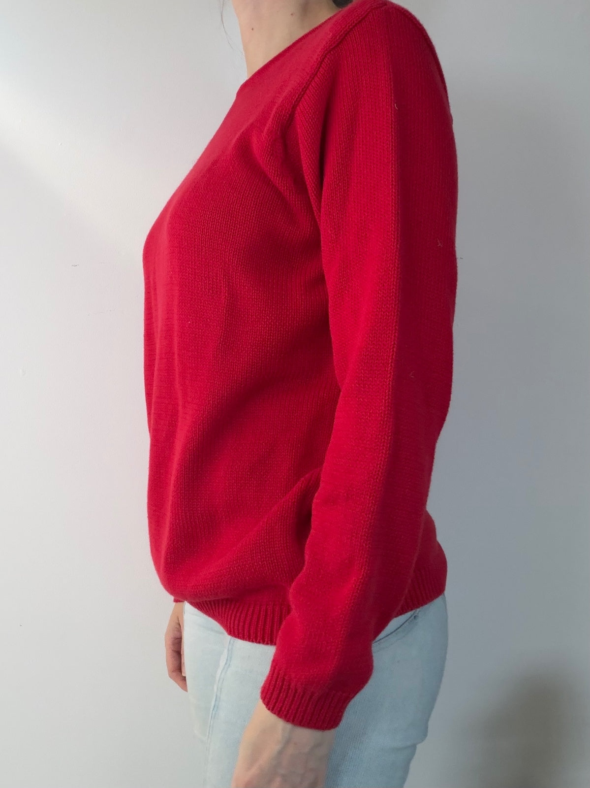 Red Knit Sweater with Crew Neck 100% Cotton Cosy Warm Knitted Jumper Size 14 16
