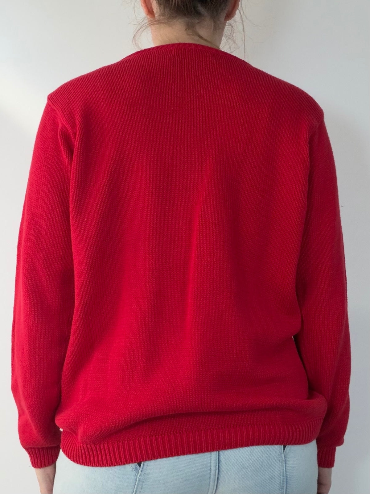 Red Knit Sweater with Crew Neck 100% Cotton Cosy Warm Knitted Jumper Size 14 16