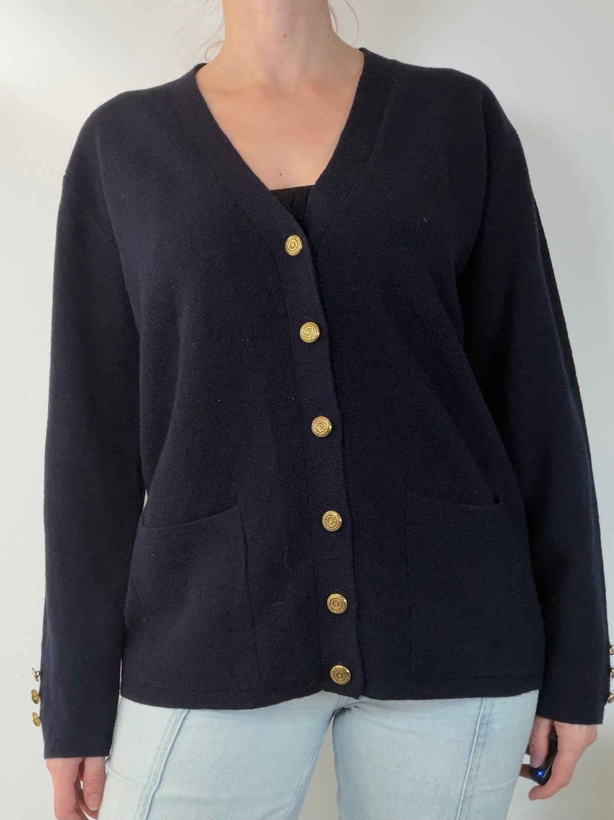 Vintage 1990s Cardigan Navy Blue with Gold Buttons Size 14 to 16 wool blend