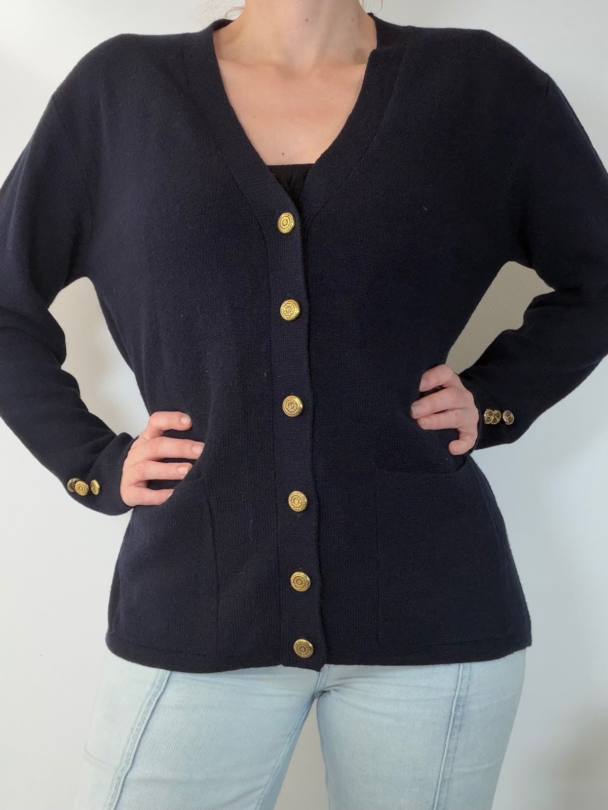 Vintage 1990s Cardigan Navy Blue with Gold Buttons Size 14 to 16 wool blend