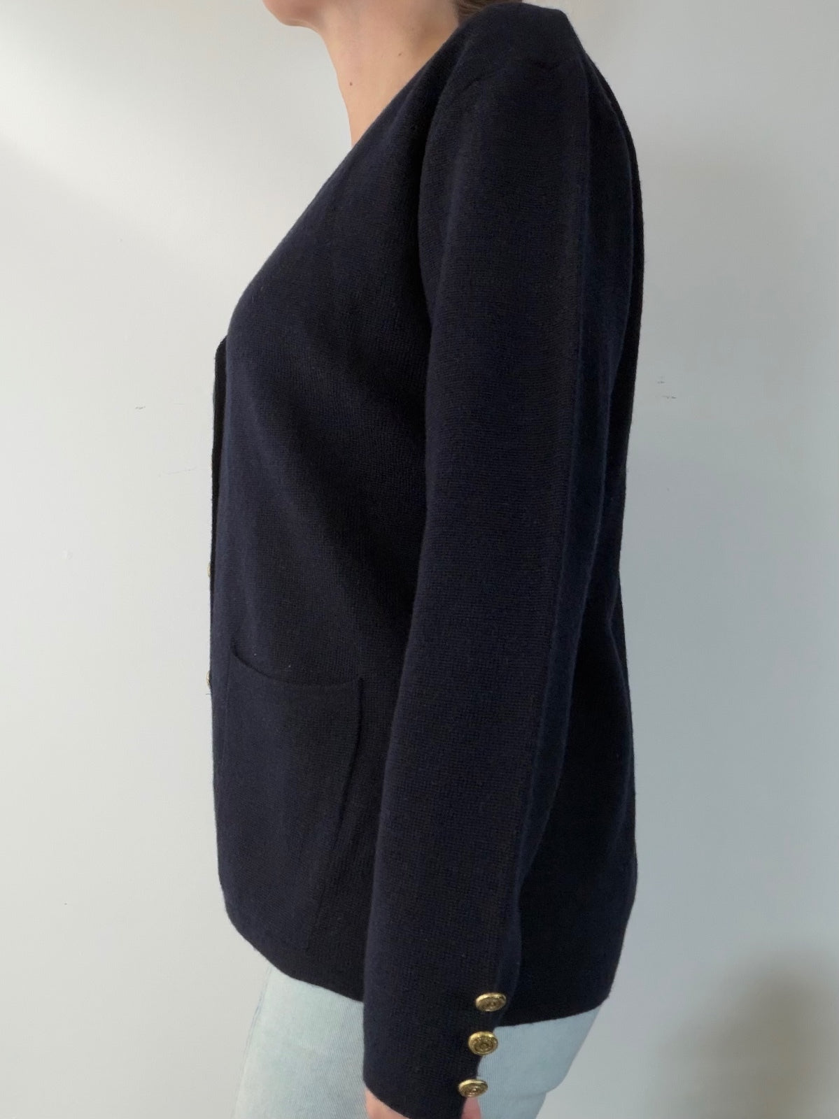 Vintage 1990s Cardigan Navy Blue with Gold Buttons Size 14 to 16 wool blend
