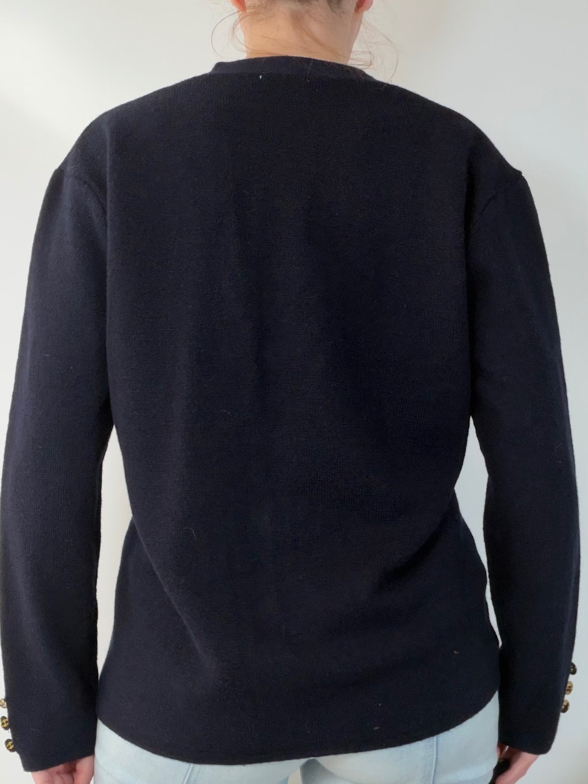 Vintage 1990s Cardigan Navy Blue with Gold Buttons Size 14 to 16 wool blend