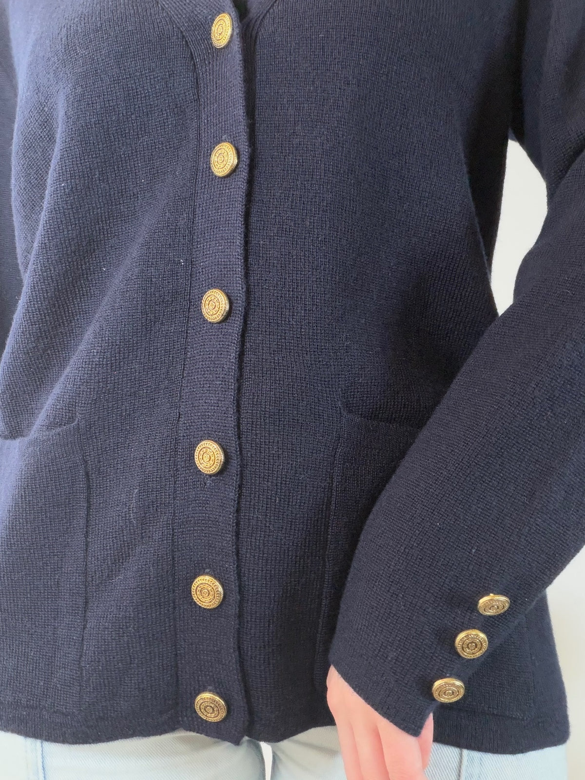Vintage 1990s Cardigan Navy Blue with Gold Buttons Size 14 to 16 wool blend