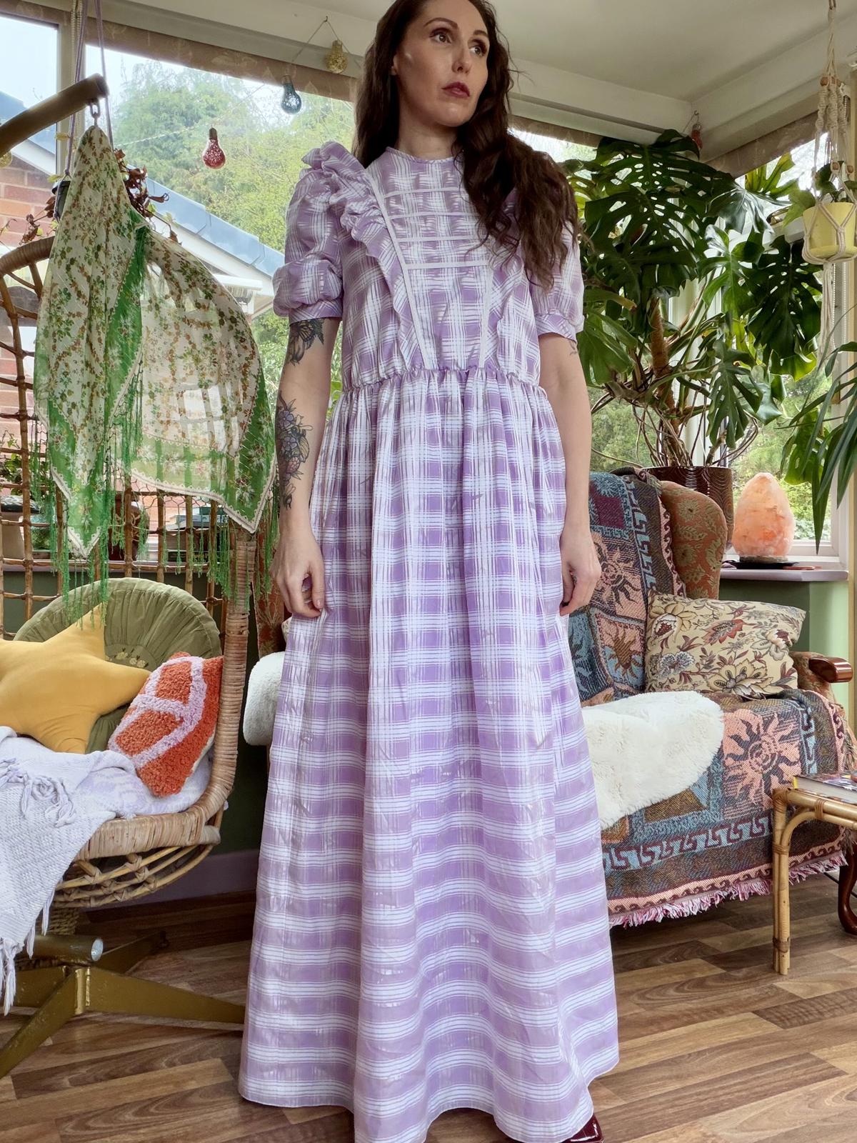 Vintage 1970s Maxi Dress Size 10 12 Lilac Checkered Tartan with Ruffle Details