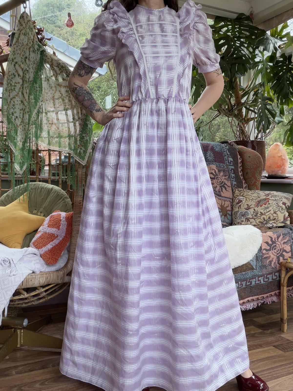 Vintage 1970s Maxi Dress Size 10 12 Lilac Checkered Tartan with Ruffle Details