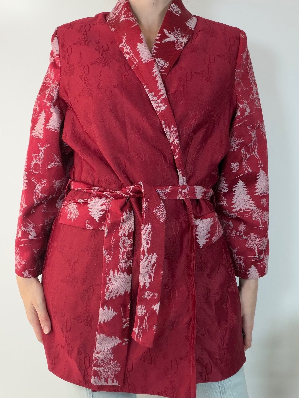 Christmas Blazer Belted Jacket Red and White Festive Coat Size 18 to 20