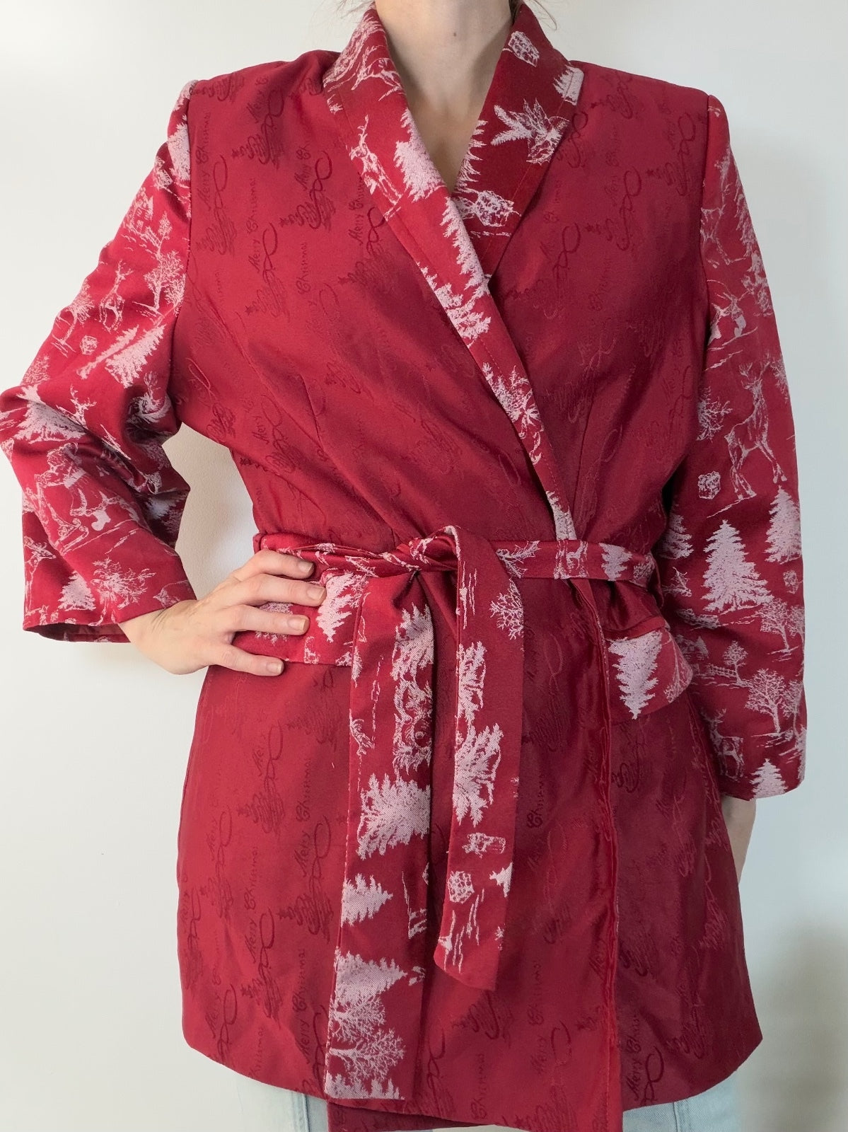 Christmas Blazer Belted Jacket Red and White Festive Coat Size 18 to 20