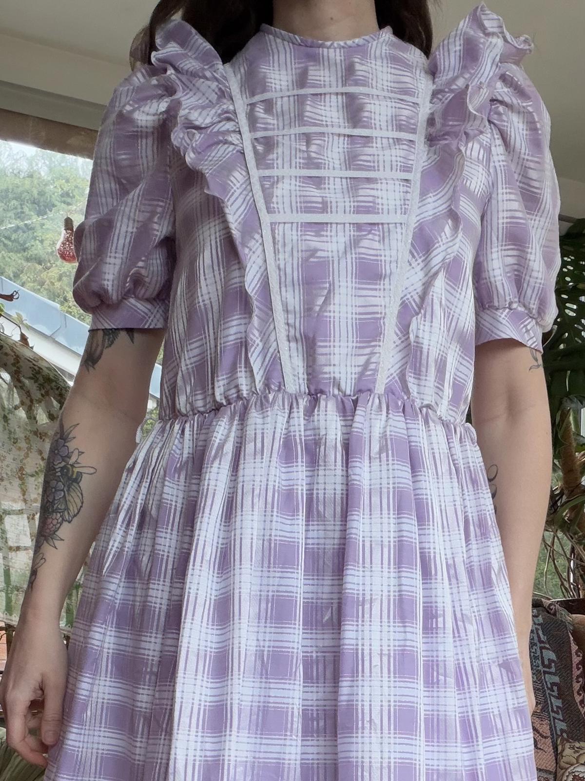 Vintage 1970s Maxi Dress Size 10 12 Lilac Checkered Tartan with Ruffle Details