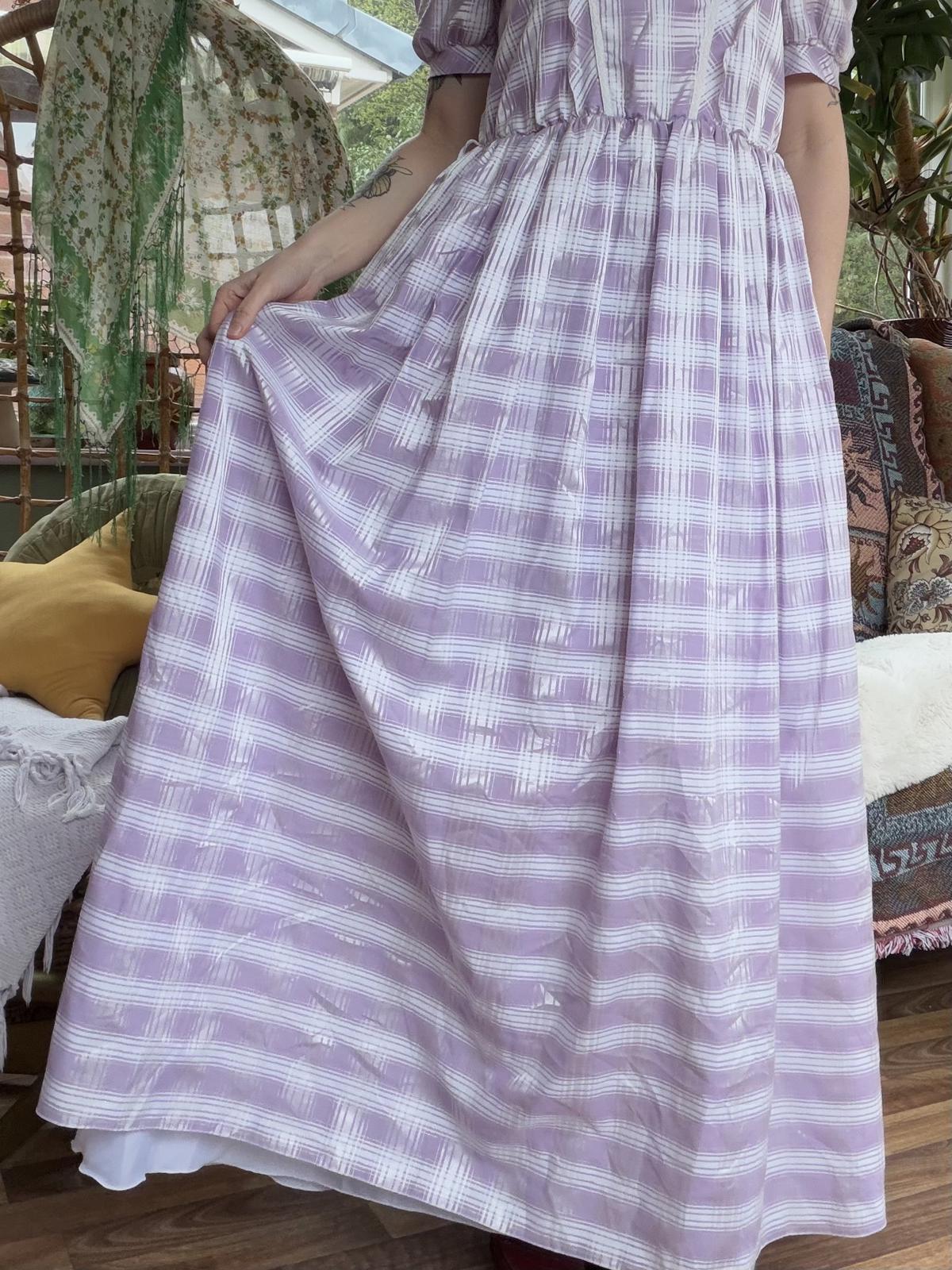 Vintage 1970s Maxi Dress Size 10 12 Lilac Checkered Tartan with Ruffle Details
