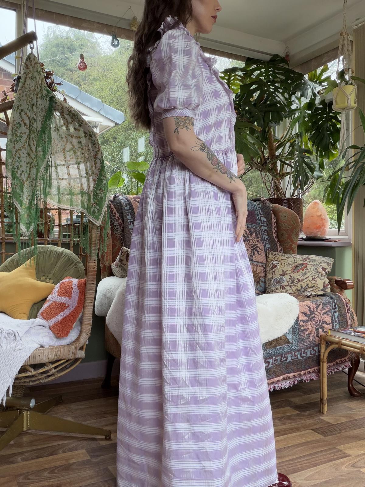 Vintage 1970s Maxi Dress Size 10 12 Lilac Checkered Tartan with Ruffle Details