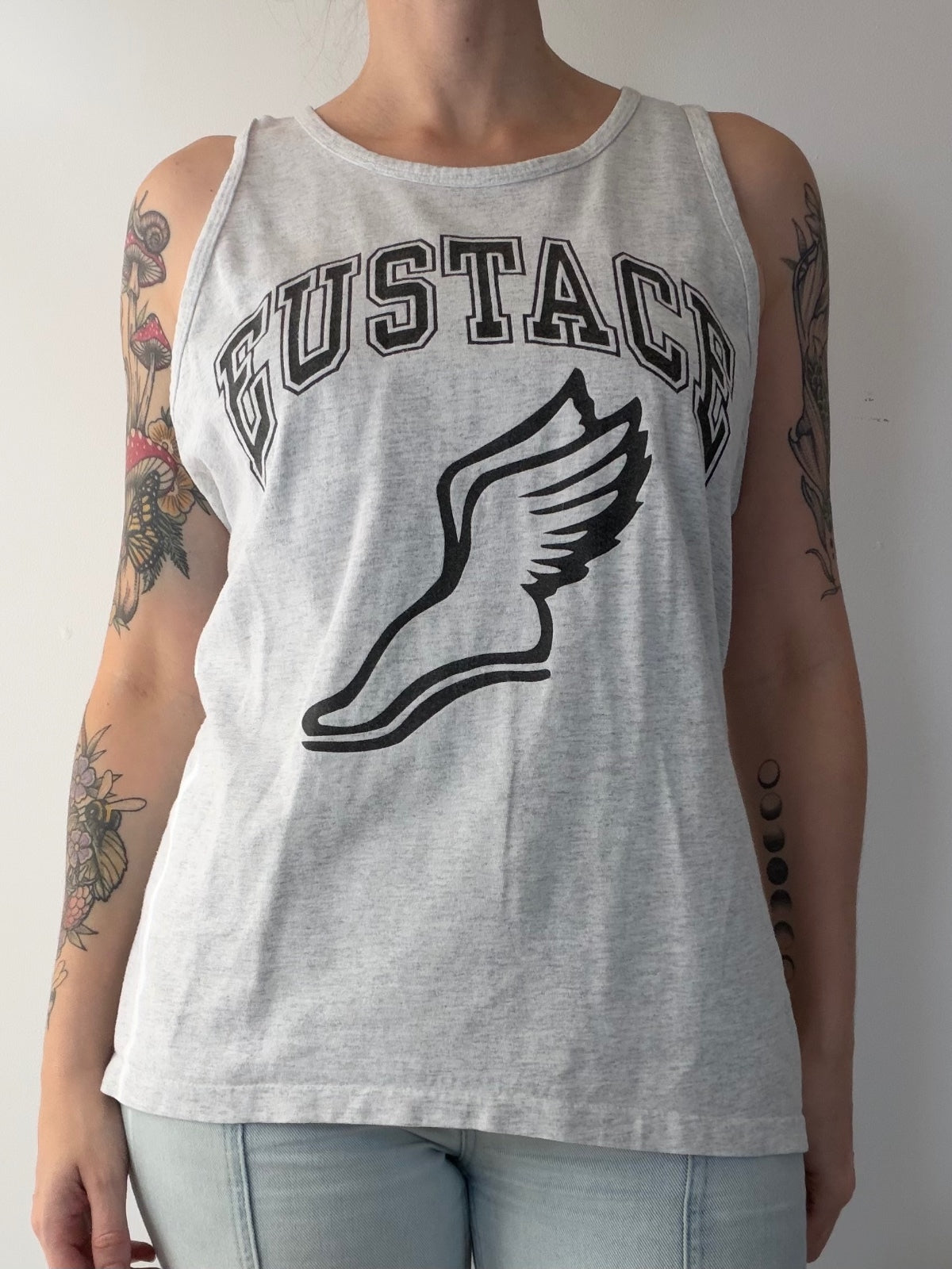 Sleeveless Graphic Tank Top Grey Eustace Sports Athletic Cotton T-shirt Size L