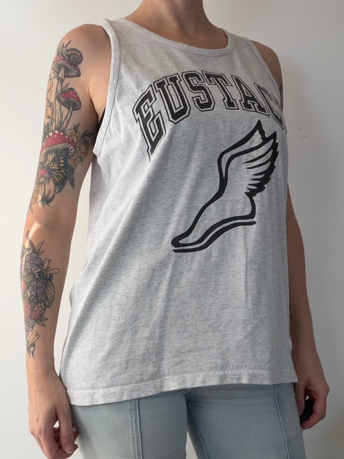 Sleeveless Graphic Tank Top Grey Eustace Sports Athletic Cotton T-shirt Size L