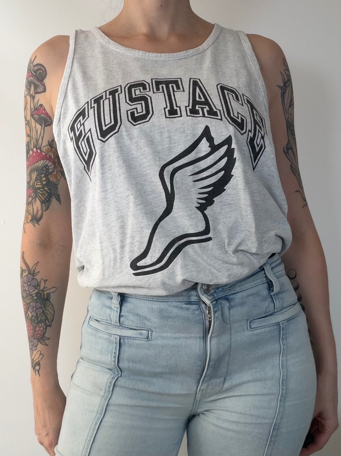 Sleeveless Graphic Tank Top Grey Eustace Sports Athletic Cotton T-shirt Size L