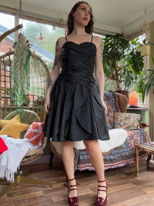 Vintage 1980s Party Dress Black Ruched Spaghetti Strap Dress Size  12