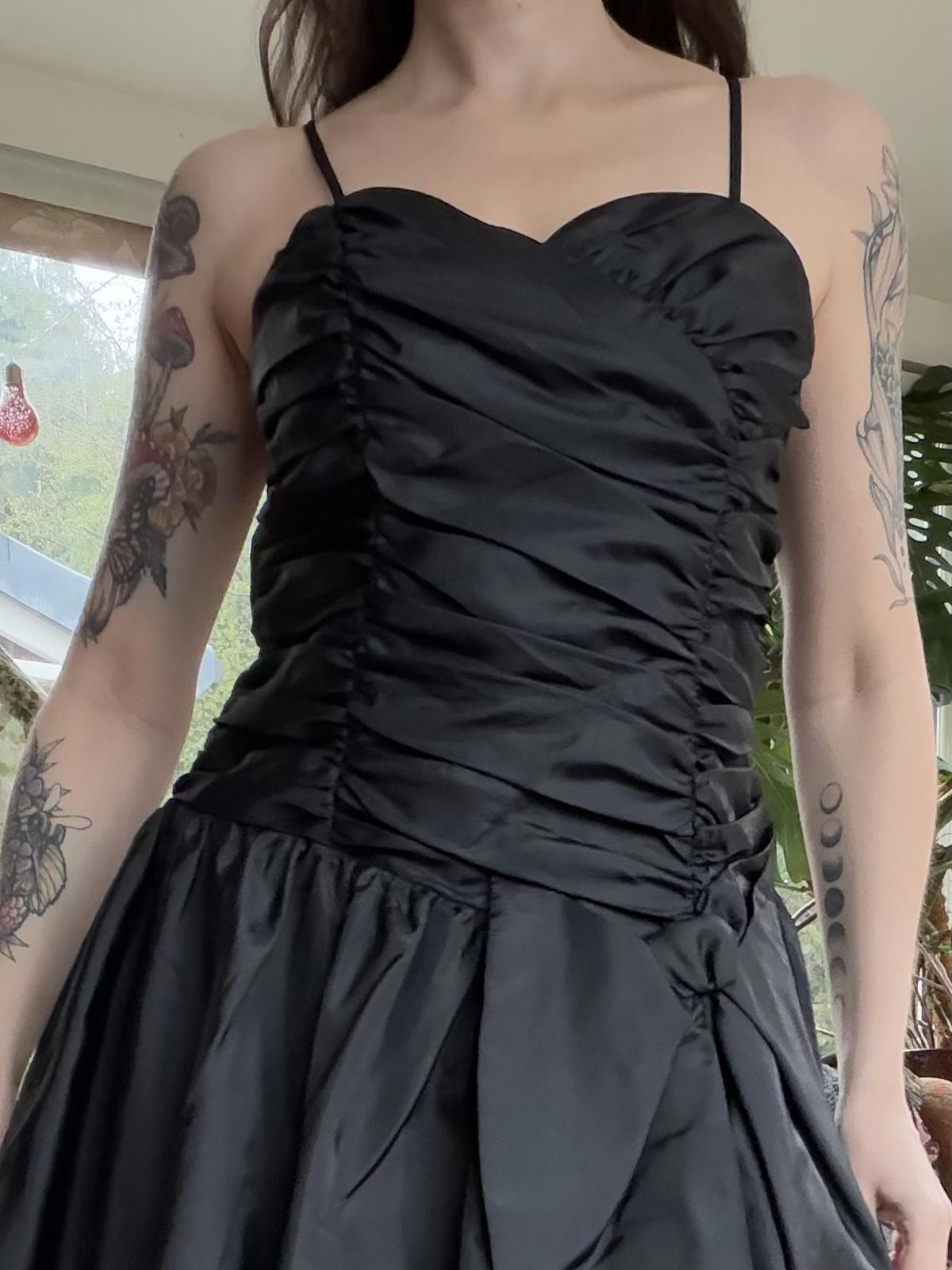 Vintage 1980s Party Dress Black Ruched Spaghetti Strap Dress Size  12