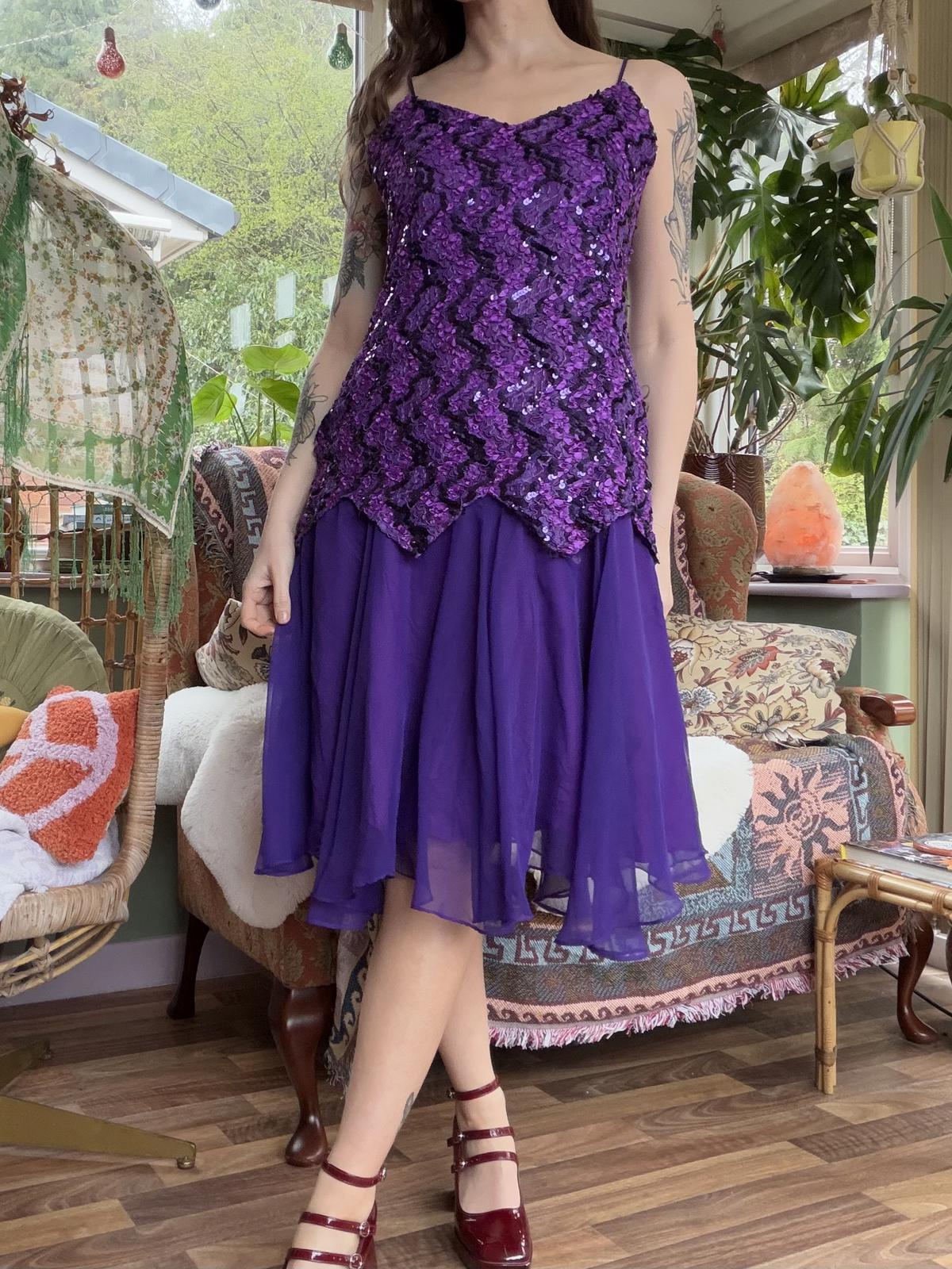Vintage 1980s Party Dress Purple Sequin Dress with Spaghetti Straps Size14