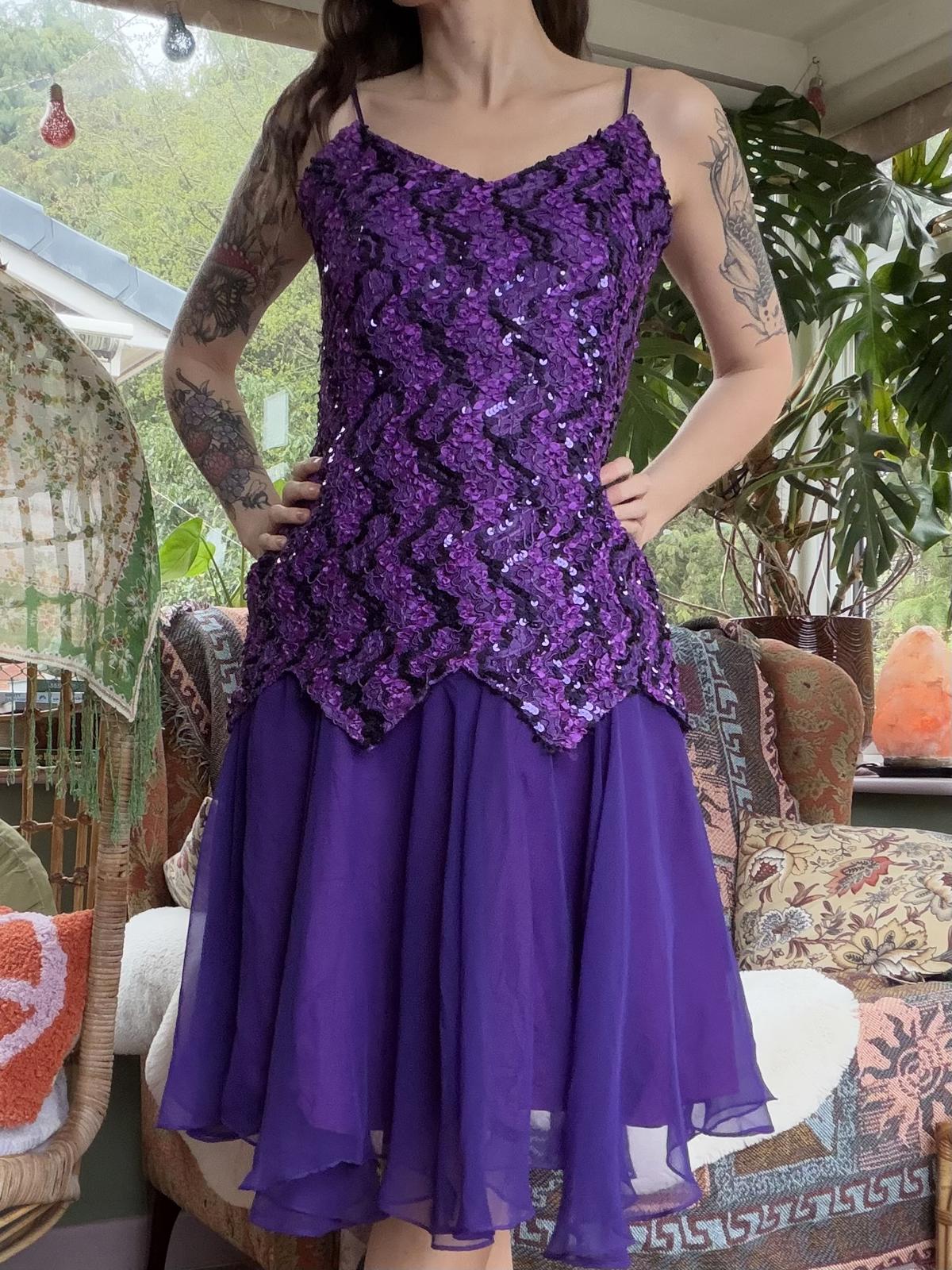 Vintage 1980s Party Dress Purple Sequin Dress with Spaghetti Straps Size14