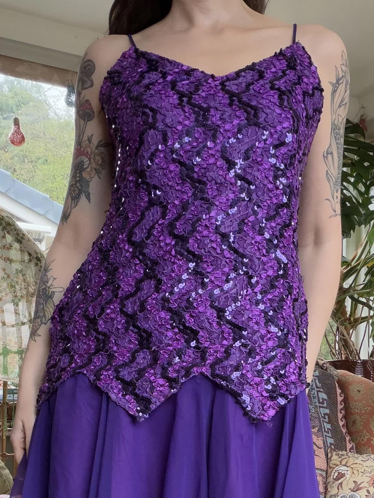 Vintage 1980s Party Dress Purple Sequin Dress with Spaghetti Straps Size14