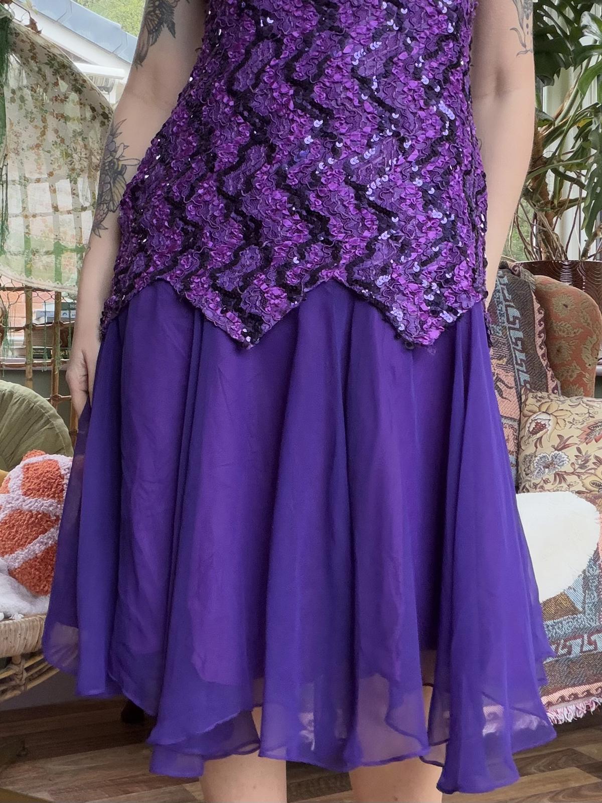 Vintage 1980s Party Dress Purple Sequin Dress with Spaghetti Straps Size14