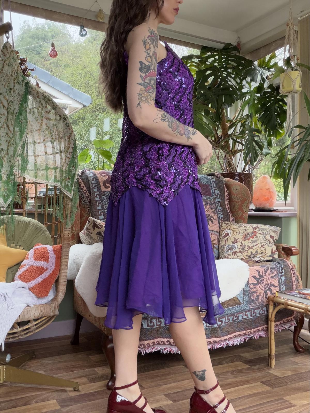 Vintage 1980s Party Dress Purple Sequin Dress with Spaghetti Straps Size14