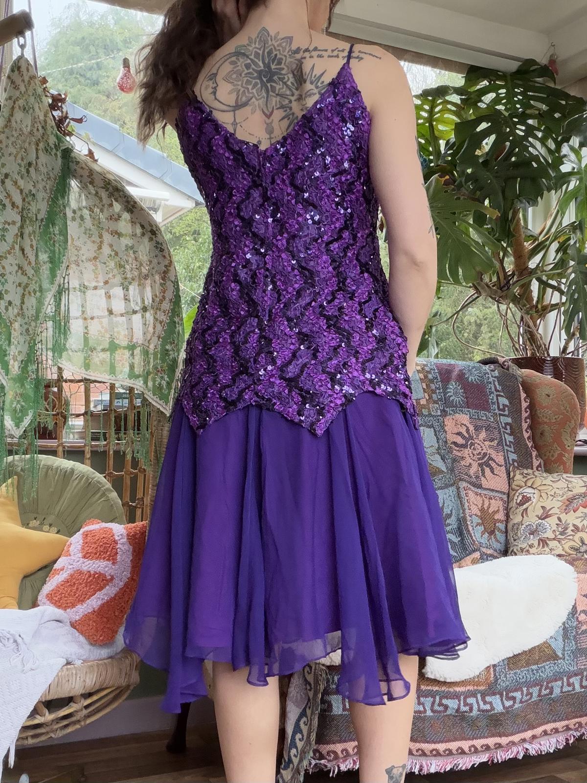 Vintage 1980s Party Dress Purple Sequin Dress with Spaghetti Straps Size14