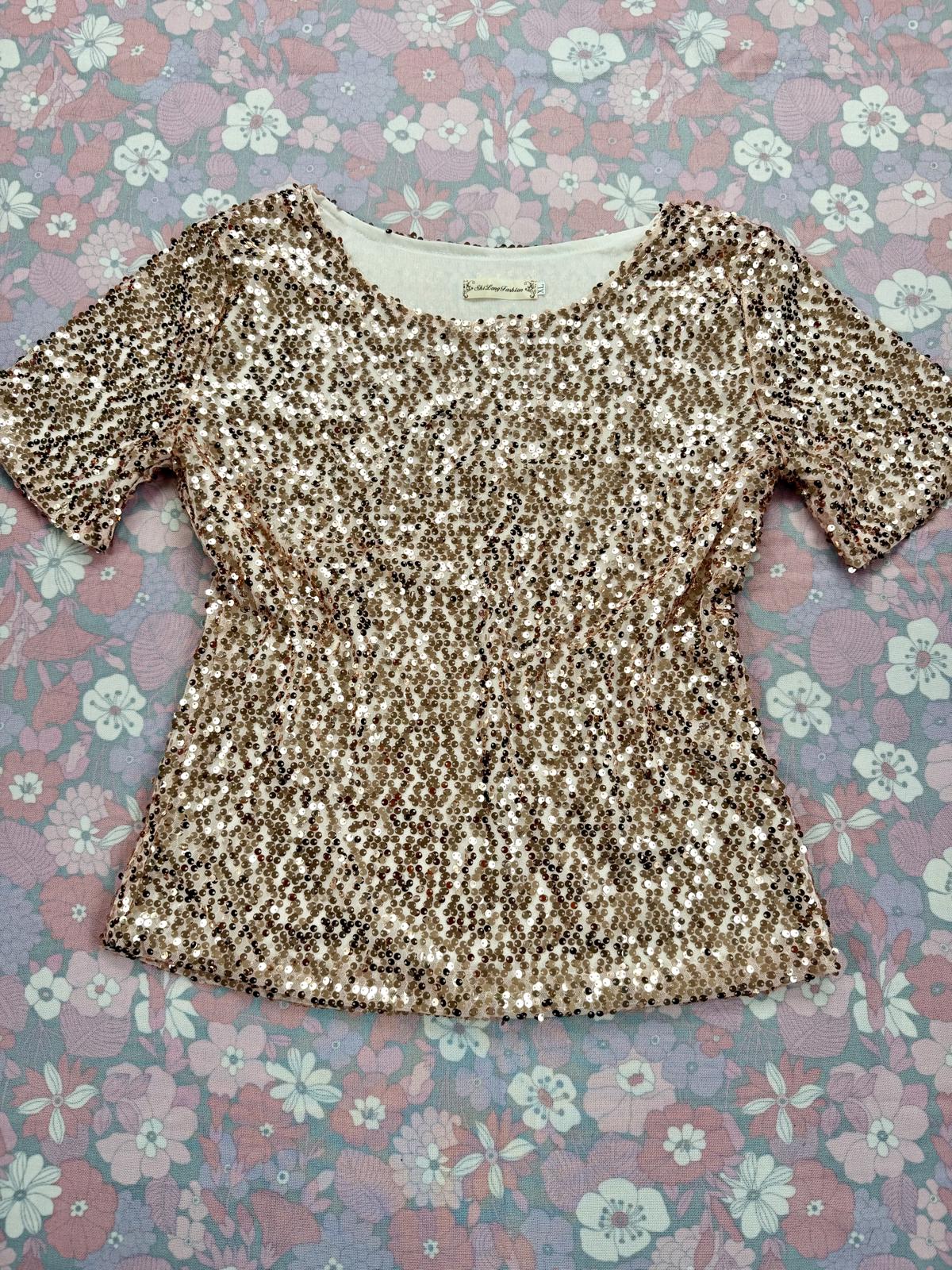 Gold Sequin Top Embellished Short Sleeve Party Festival T shirt Size 14 to 16