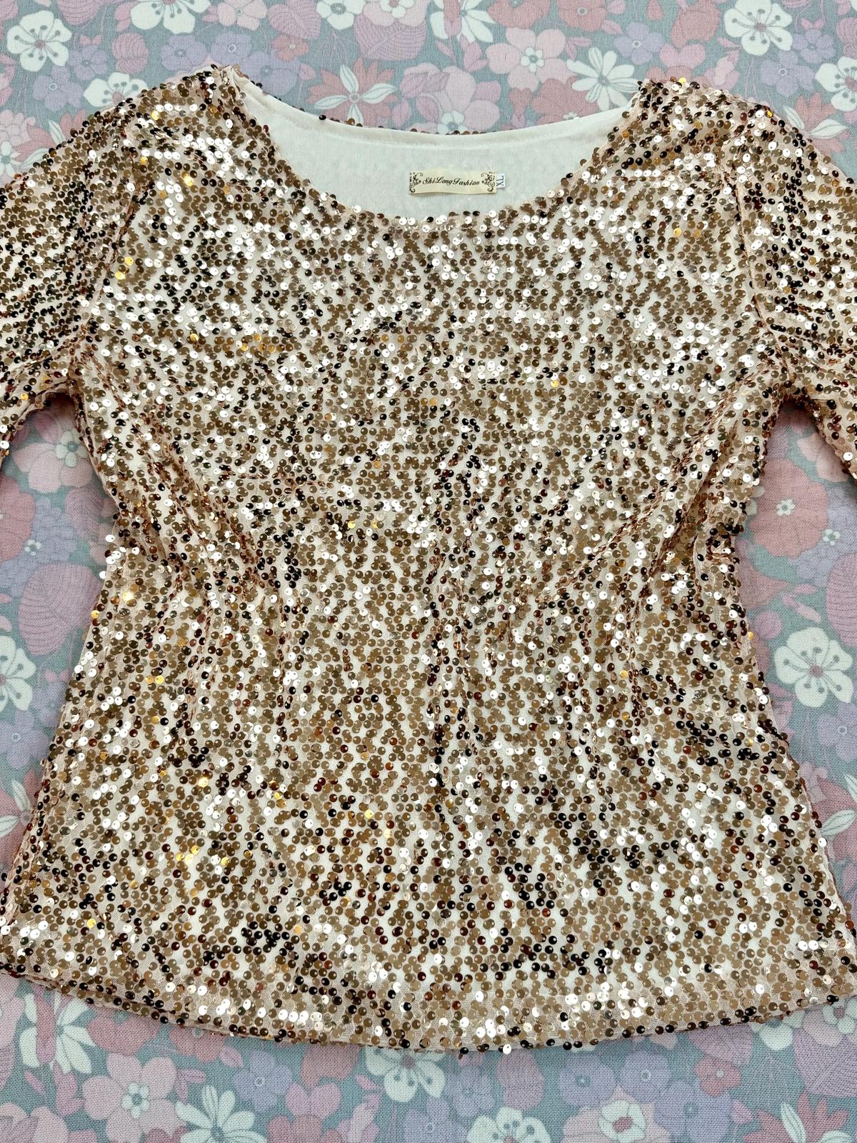 Gold Sequin Top Embellished Short Sleeve Party Festival T shirt Size 14 to 16