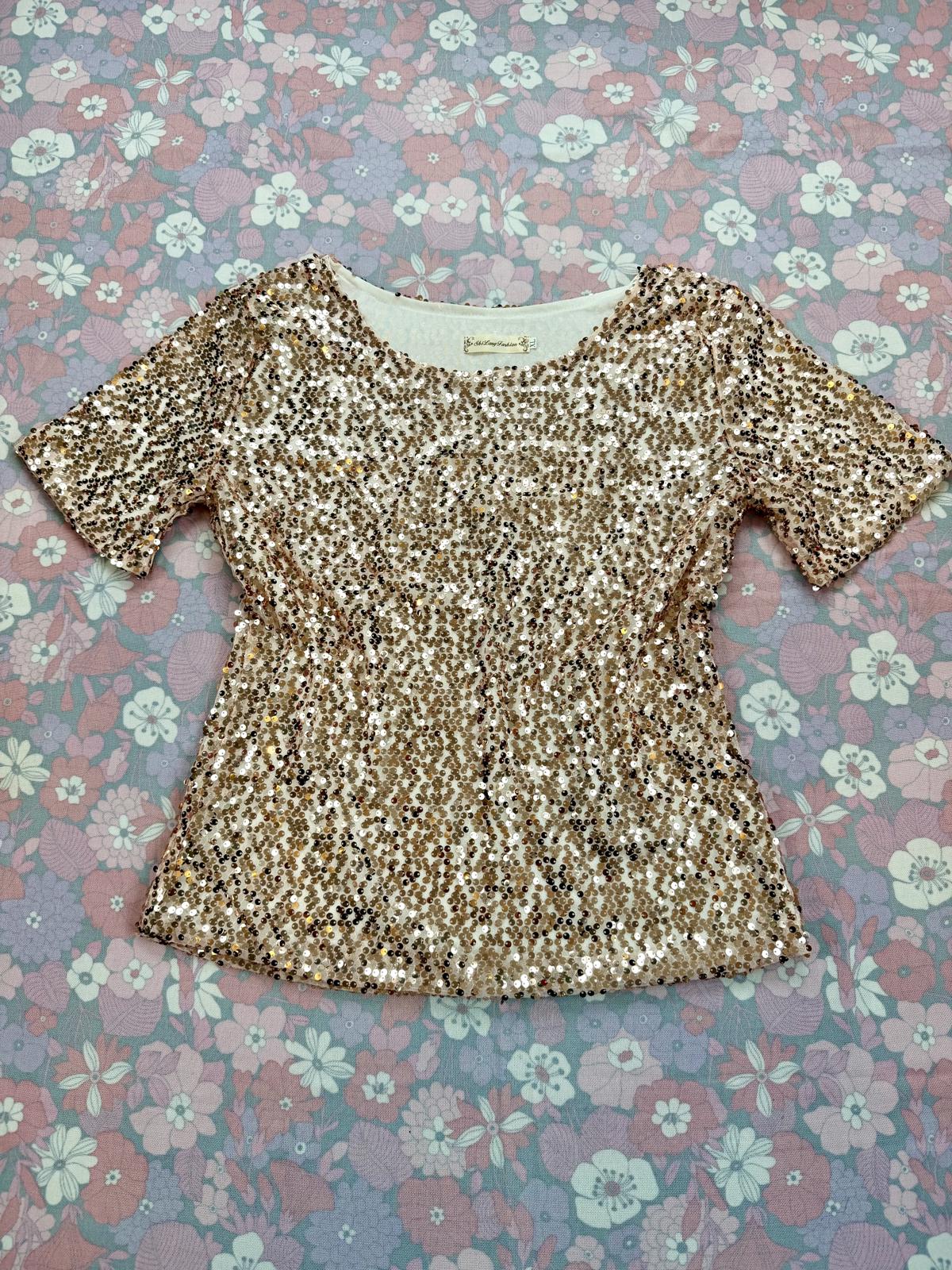 Gold Sequin Top Embellished Short Sleeve Party Festival T shirt Size 14 to 16