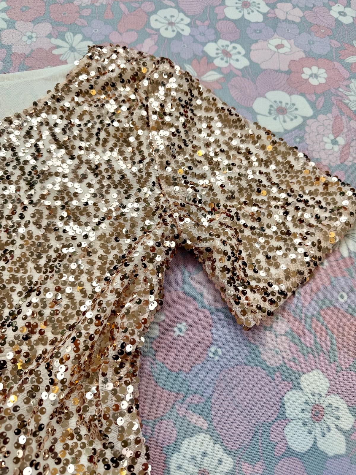 Gold Sequin Top Embellished Short Sleeve Party Festival T shirt Size 14 to 16