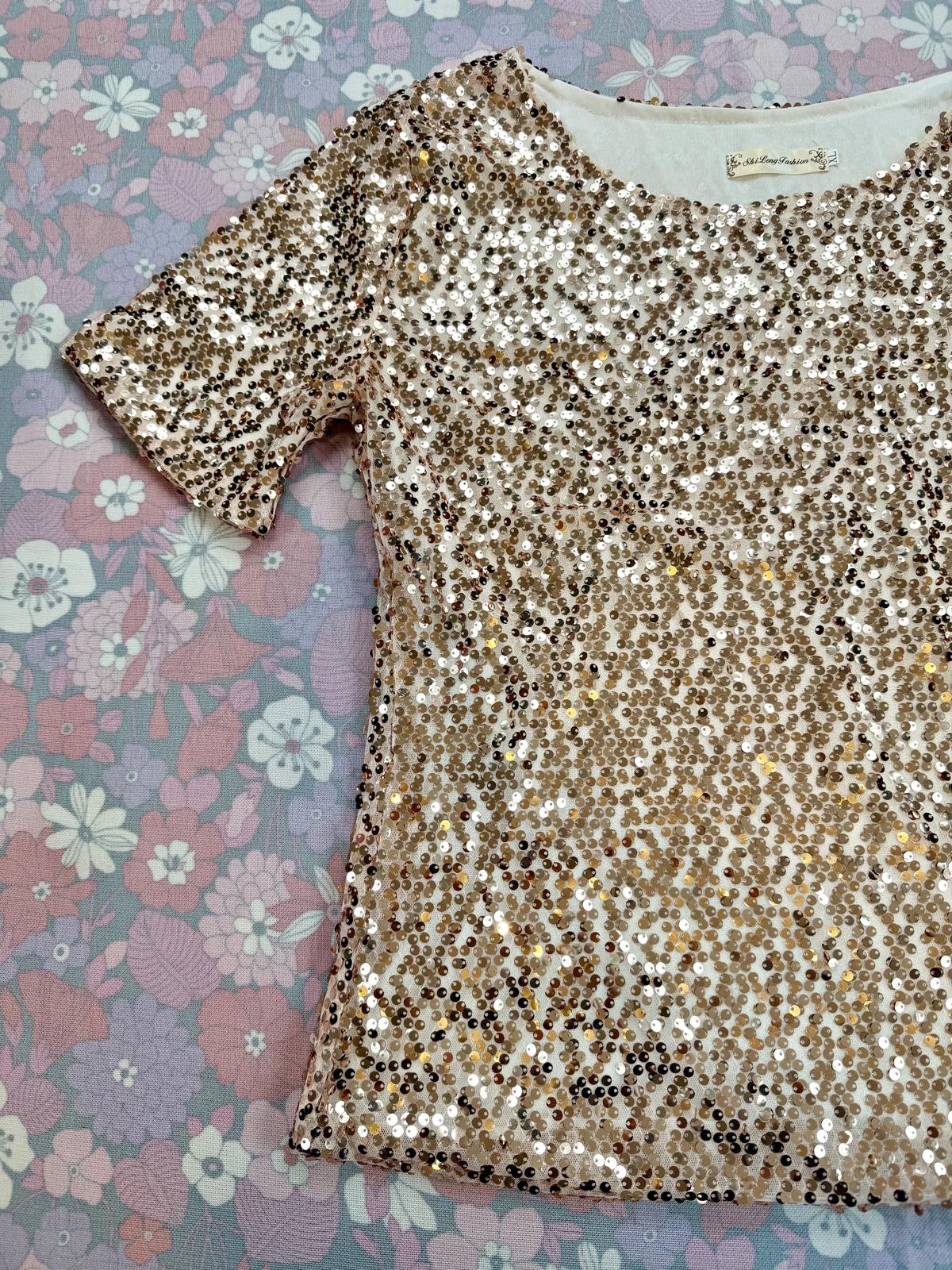 Gold Sequin Top Embellished Short Sleeve Party Festival T shirt Size 14 to 16