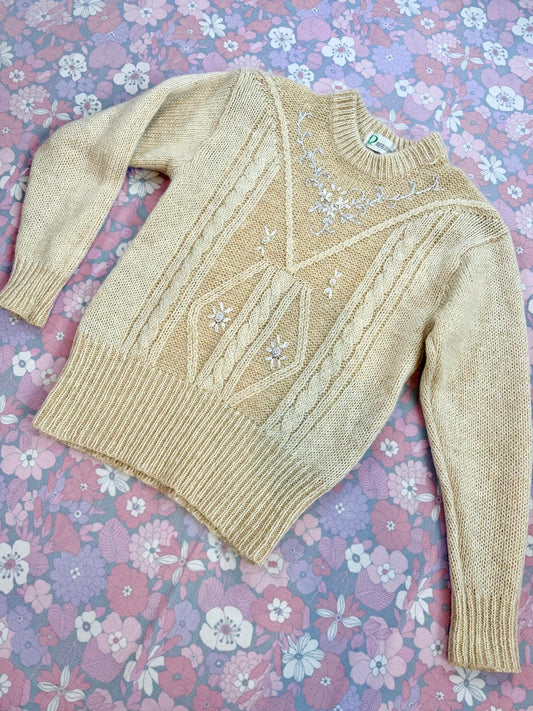 Vintage 1990s Knit Jumper Beige Knitted Sweater floral Embroidered  12 to 14