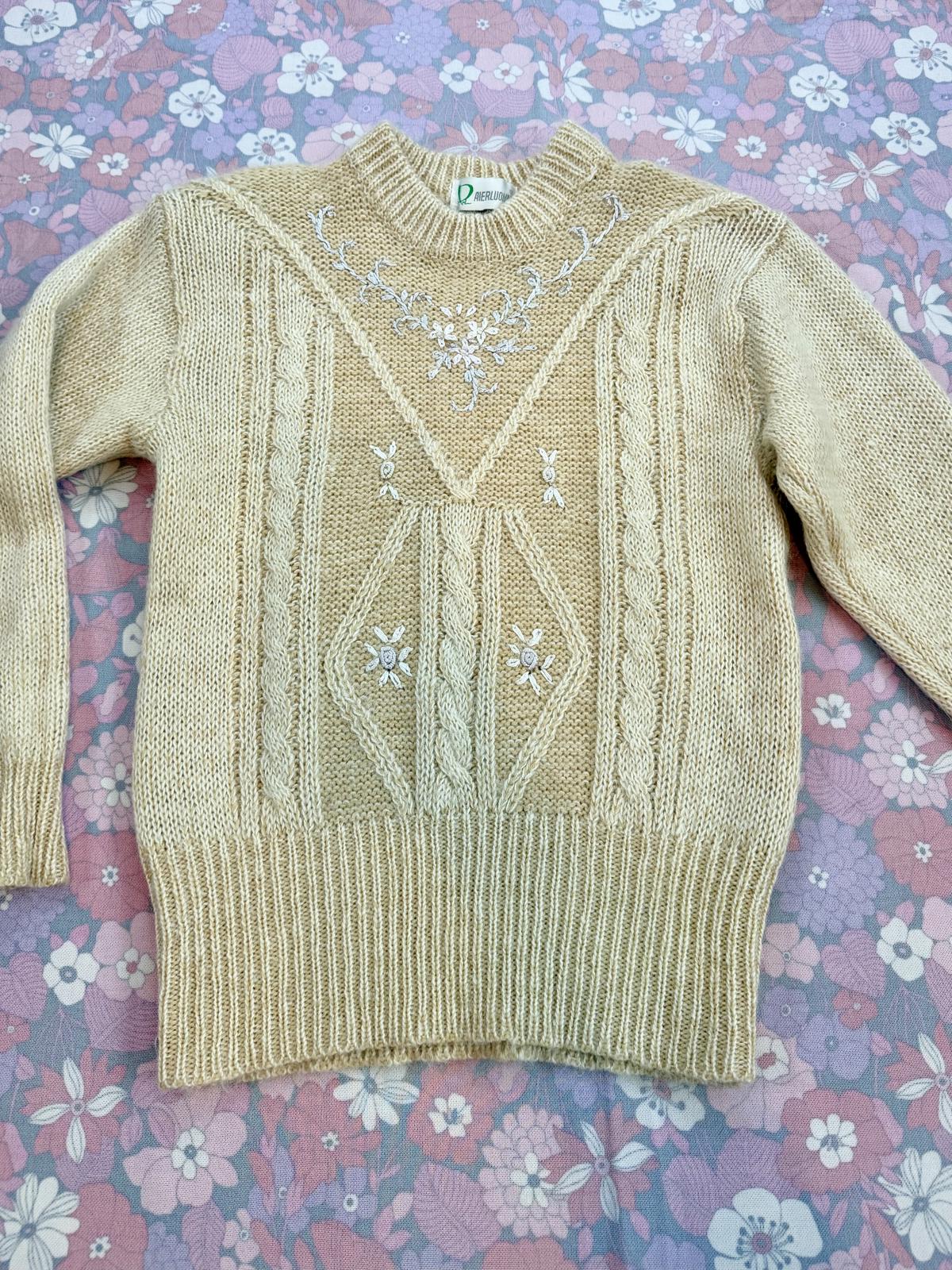 Vintage 1990s Knit Jumper Beige Knitted Sweater floral Embroidered  12 to 14