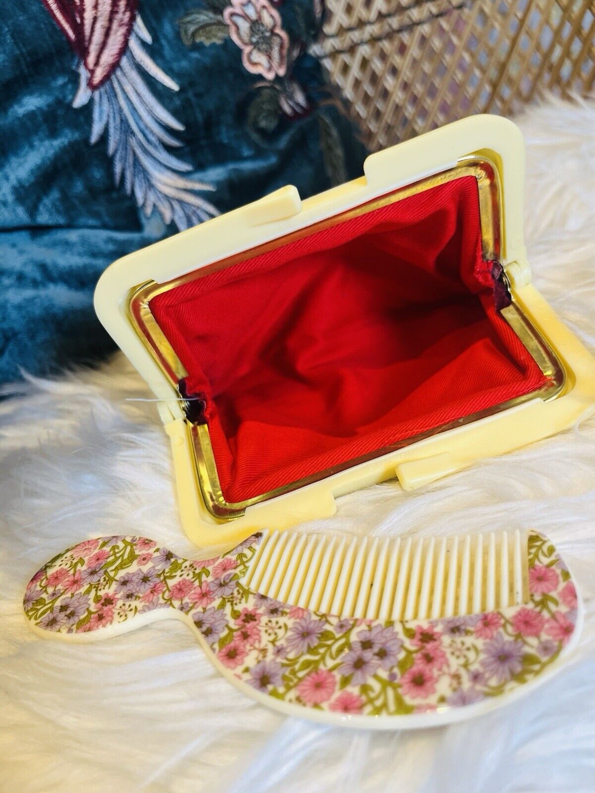 Vintage 1960s Purse And Comb Set Red Velvet With Ditsy Floral Trim Fully Lined