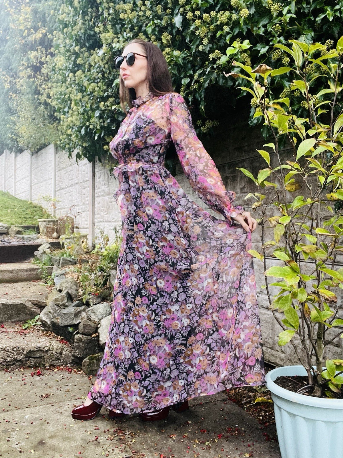 Vintage 1970s Maxi Dress Size 8 By Vera Mont Long Sleeve Floral Frilly High Neck