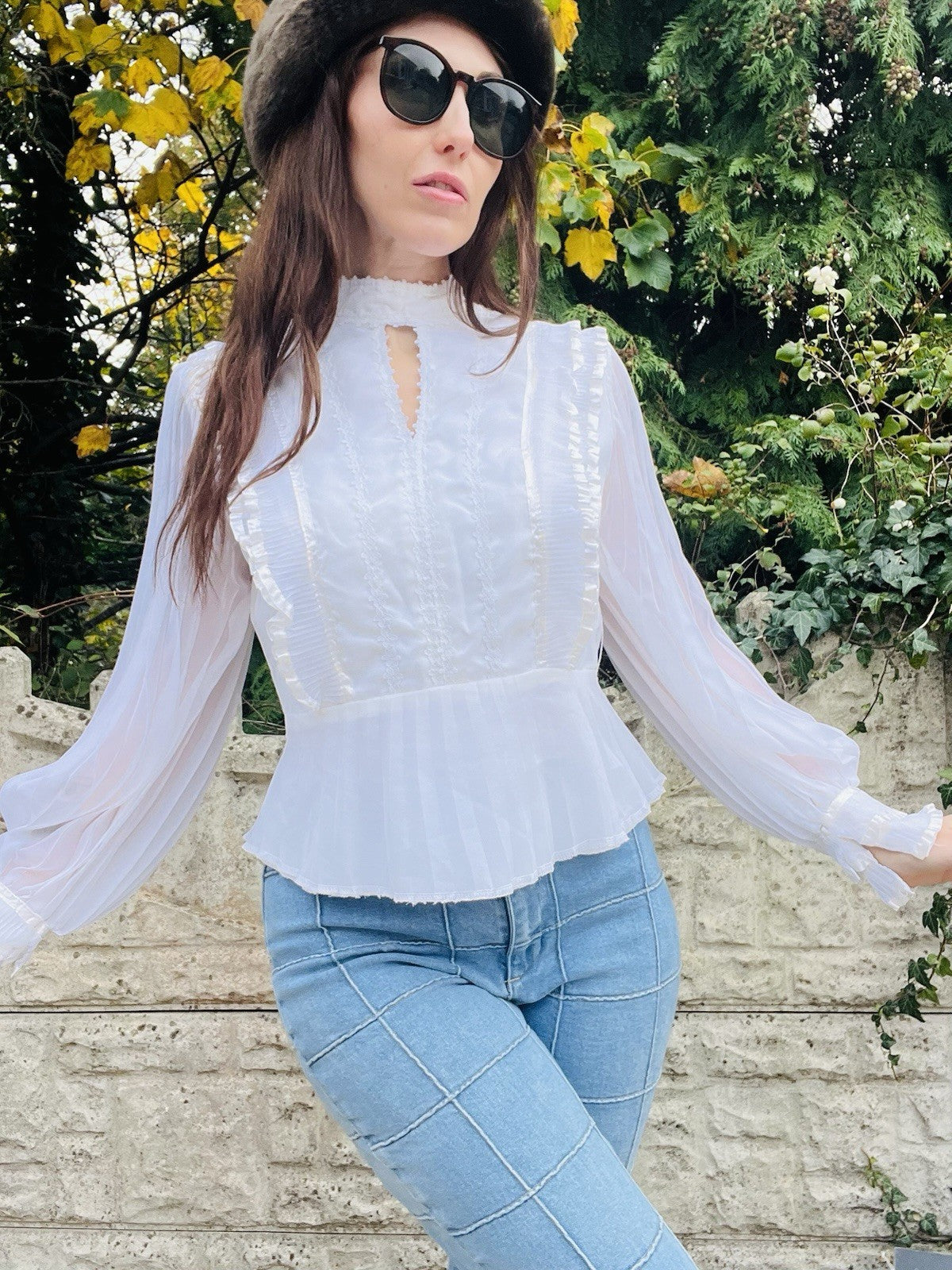 Vintage 1970s Frilly Blouse Size 12 White Balloon Sleeve High Neck Peplum Top