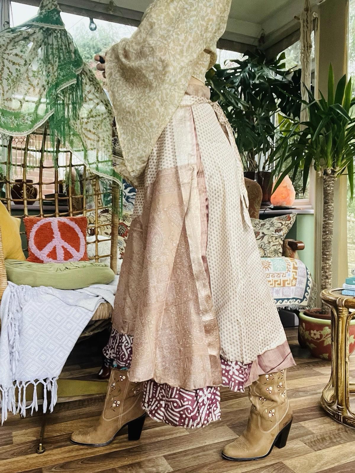 Layered Hippie Maxi Skirt Vintage Sari Silk Hippie Boho Long Gypsy Wrap Skirt