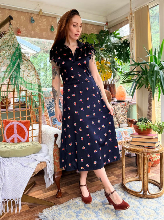 Vintage 1970s Day Dress Blue size 12 with Ditsy Floral Pattern