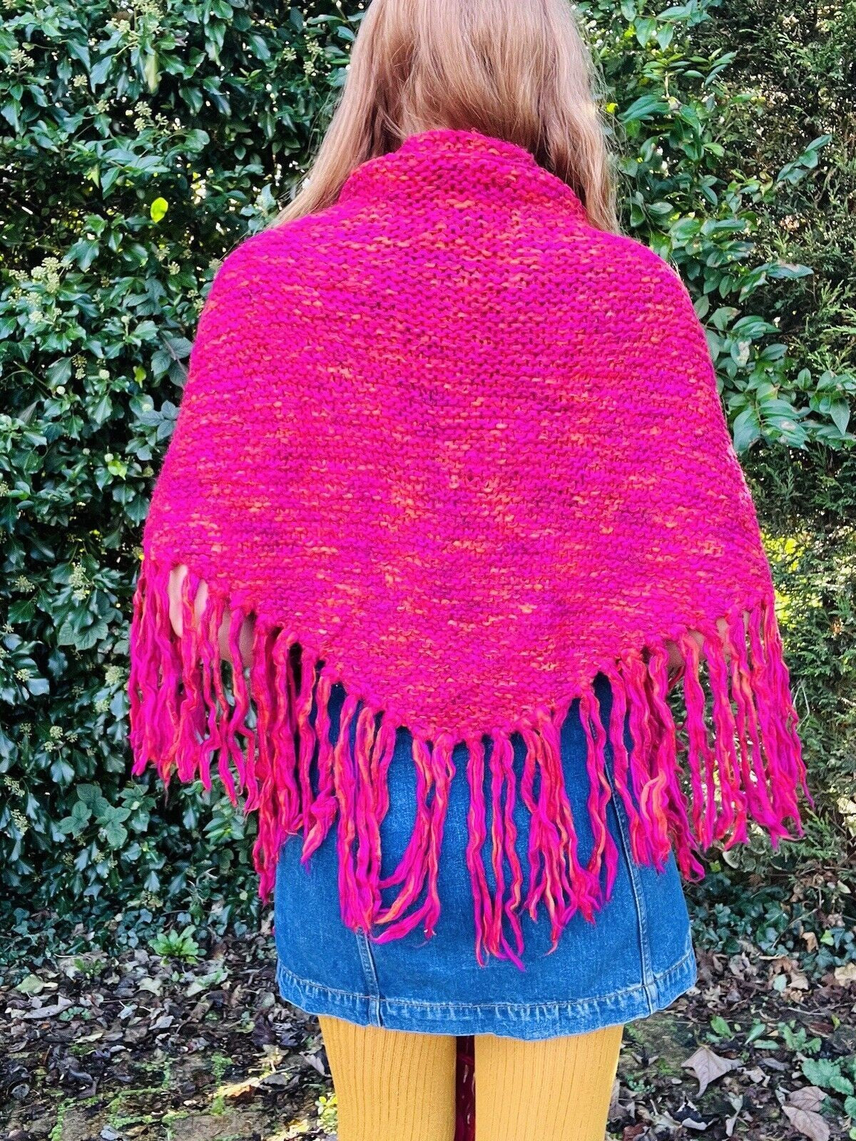 Vintage Knit Crochet Shawl Hippie Boho Triangle Wrap Cape Cottage Whimsy Scarf