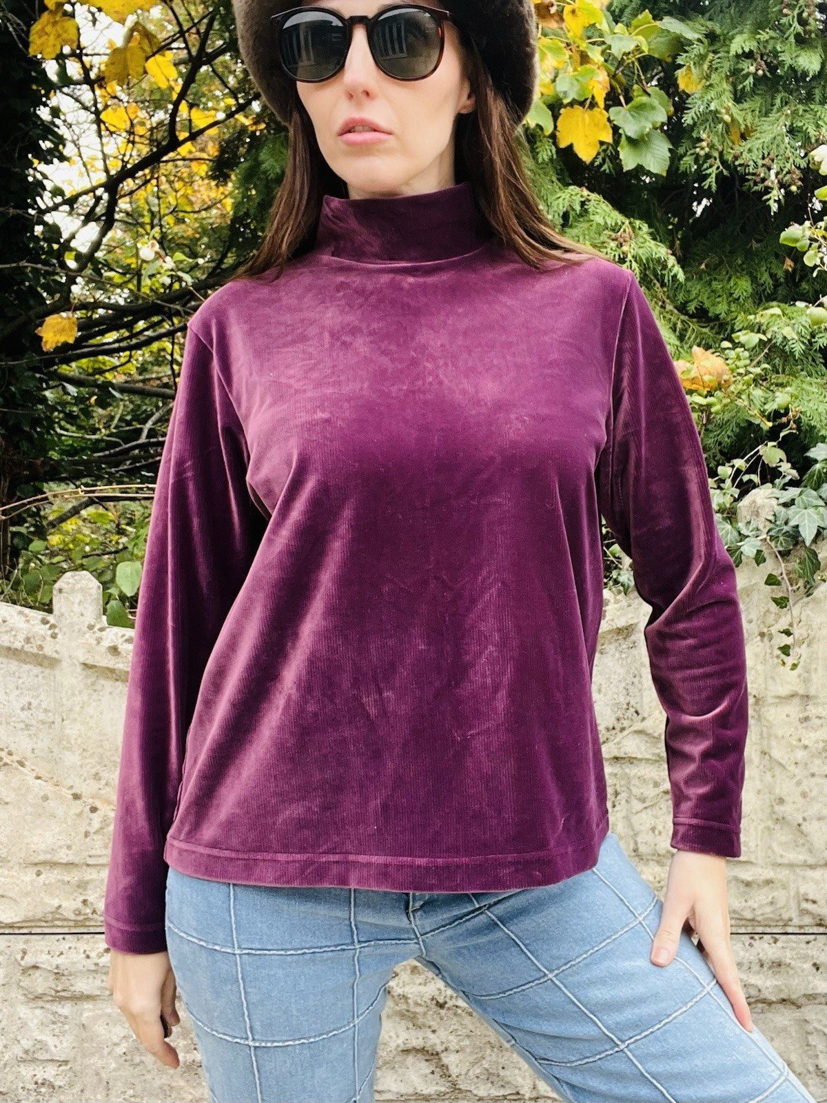 Vintage 1980s Velvet Top Purple Size 18 By Berkertex, Turtle Neck Ribbed Jumper