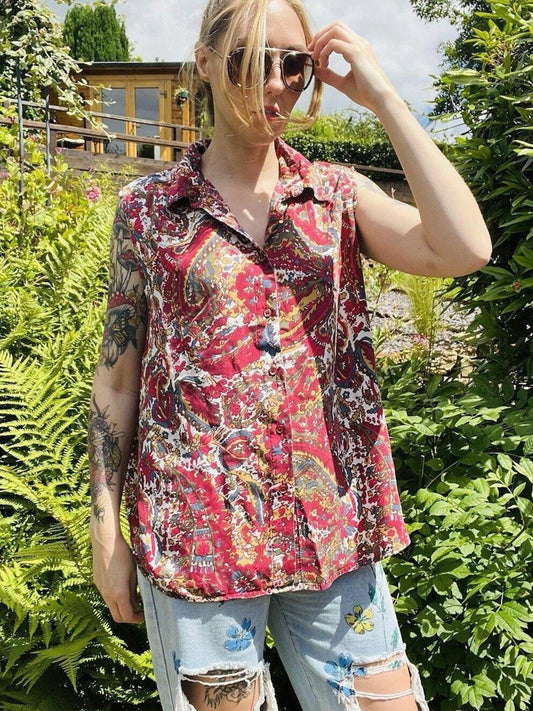 Vintage Y2K Paisley Shirt Hippie boho Sleeveless Blouse By March Landing Size 18