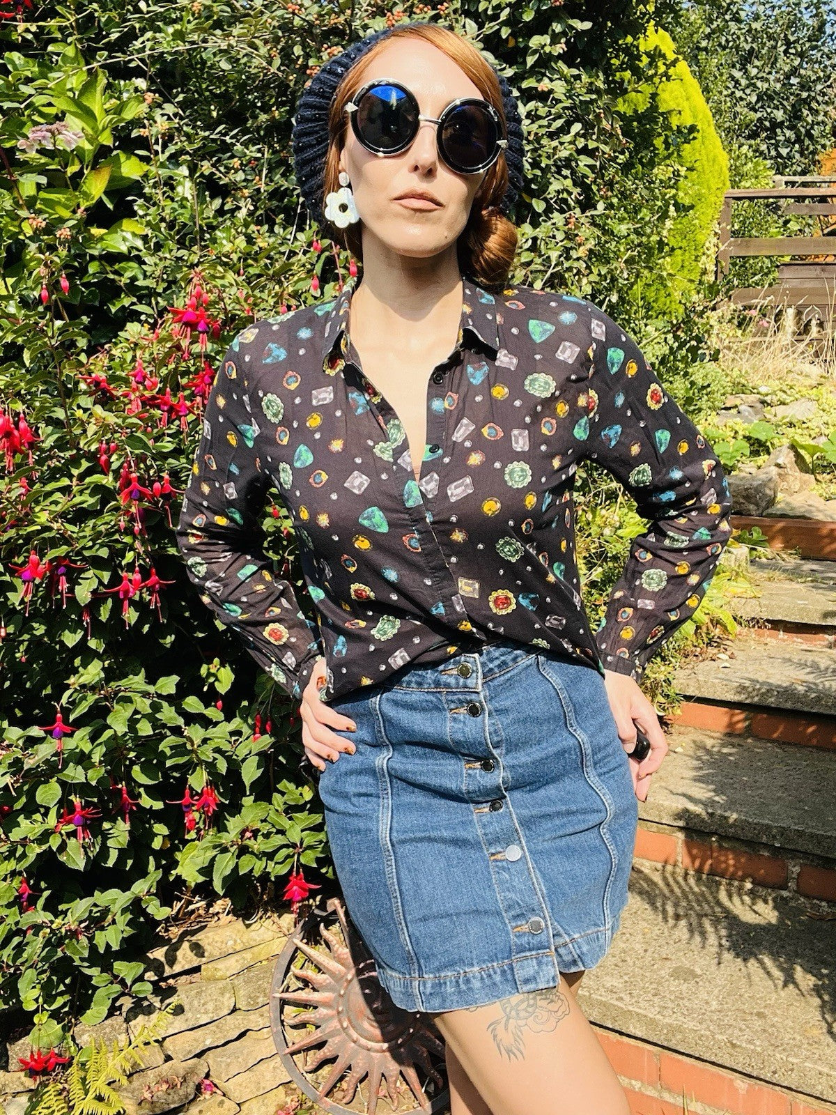 Vintage Blouse Bold Retro Print Collared Shirt Casual Or Formal Office Workwear