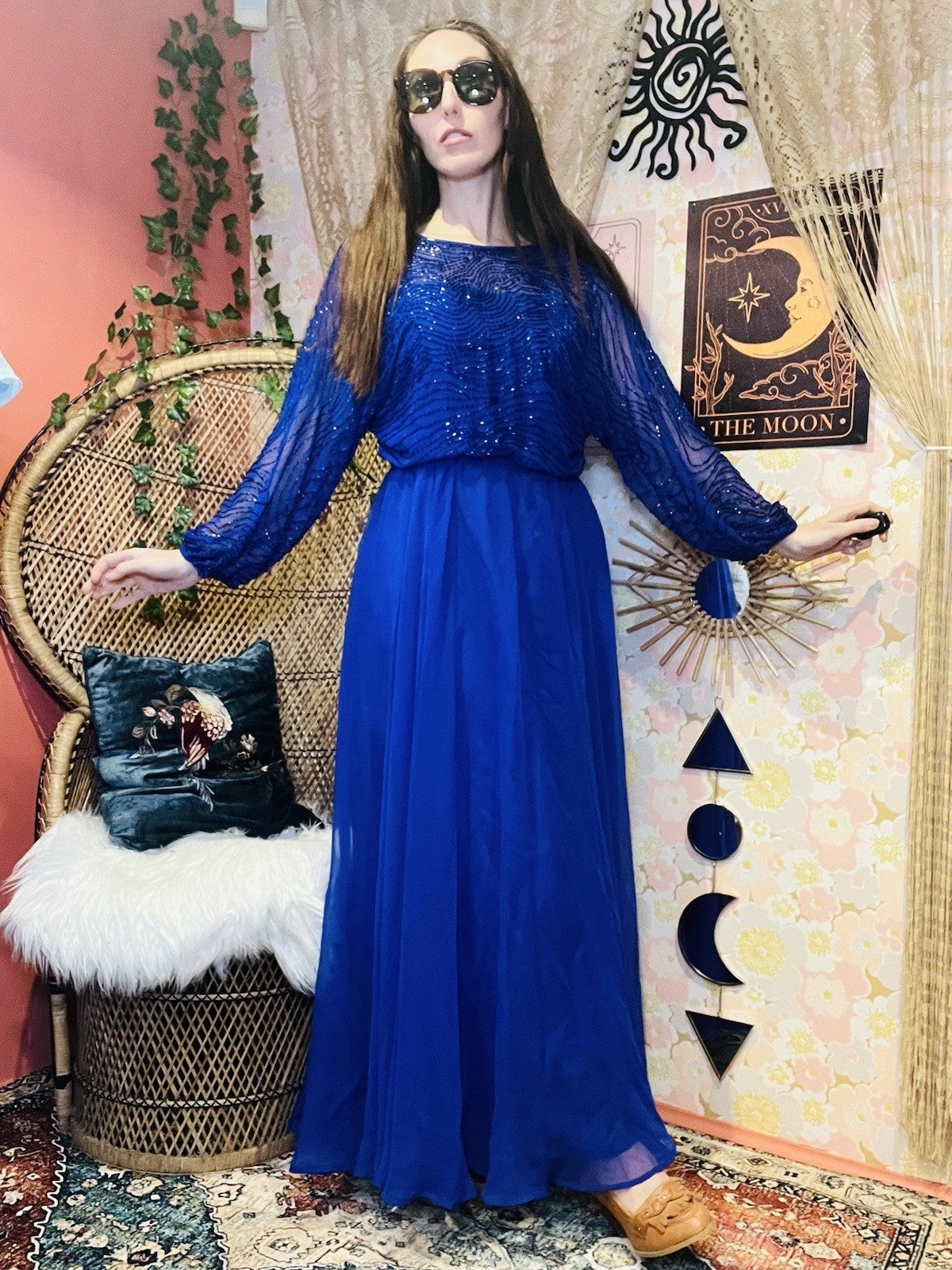 Vintage 80s Cocktail Dress Blue Size 12 Embellished Beaded Sheer Long Sleeves