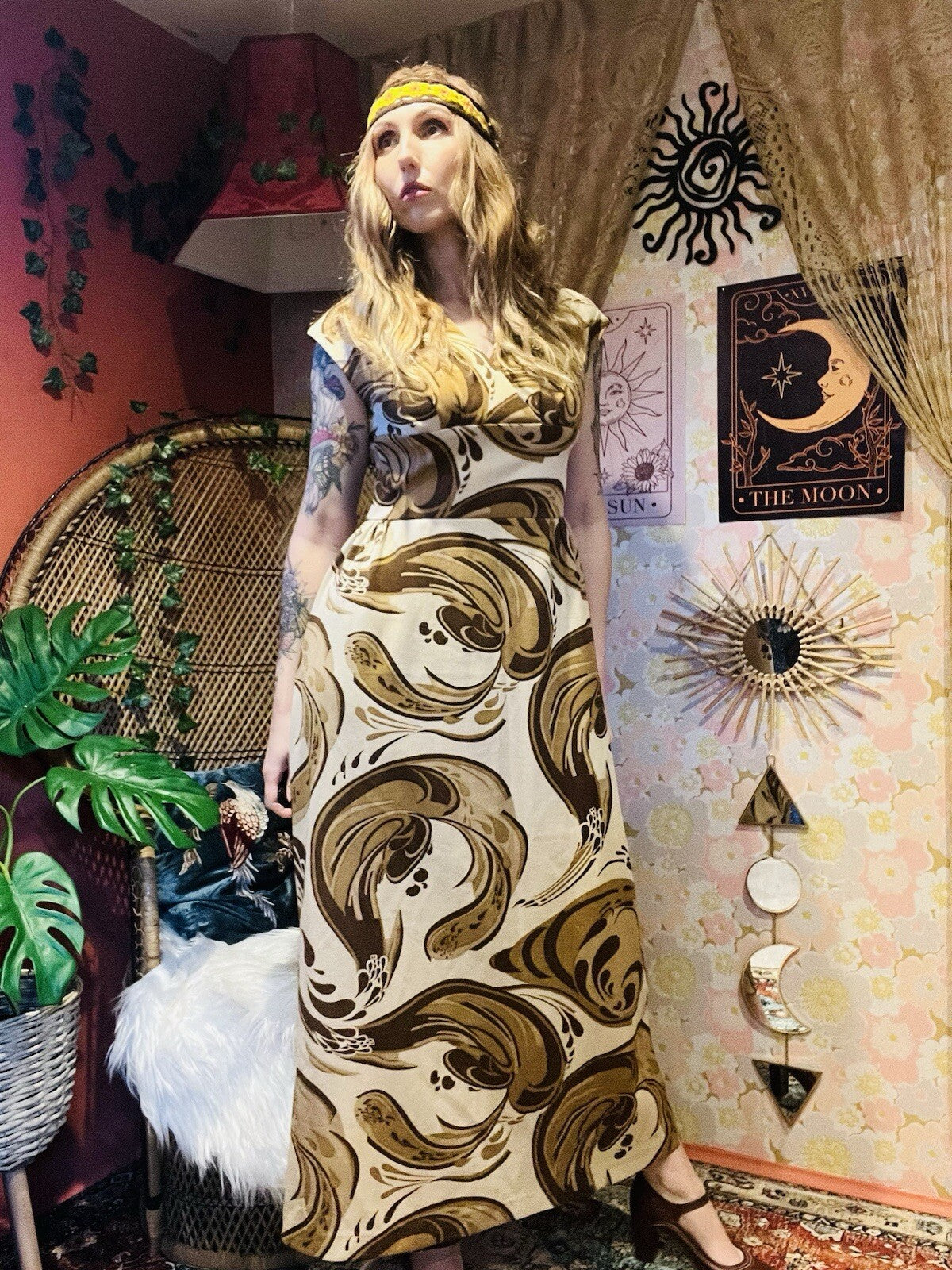 Vintage 1970s Maxi Dress Psychedelic Hippie Pattern By DK Modern Brown Size 10