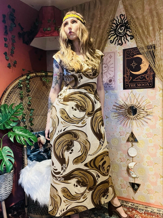 Vintage 1970s Maxi Dress Psychedelic Hippie Pattern By DK Modern Brown Size 10