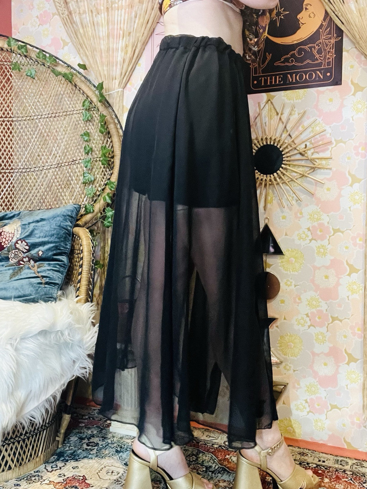 Vintage 1990s Sheer Skirt With Shorts And Slit Elasticated Waist Skort Black S