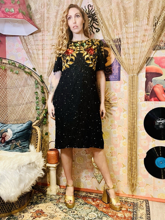 Vintage 1980s beaded Dress By Barkha Pure Silk Embellished Sequin Dress Black M