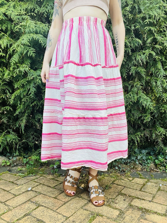 Hippie Boho Festival Skirt Layered Pink Striped Floaty Summer Midi Skirt Size S